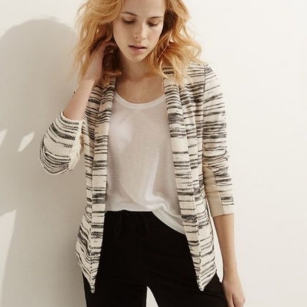 Lou & Grey Cropped Knit Open Blazer Jacket Cream Black Striped Medium 378980